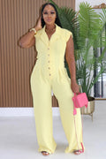 Notched Lapel Single Breasted Cap Sleeve Casual Jumpsuit-Yellow