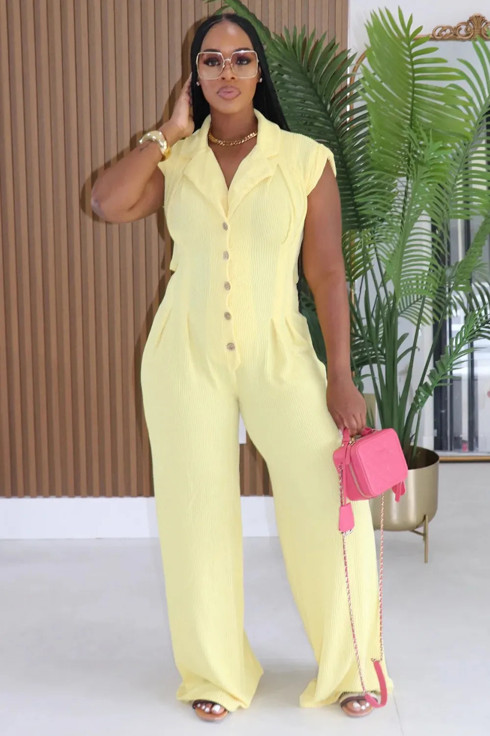 Notched Lapel Single Breasted Cap Sleeve Casual Jumpsuit-Yellow