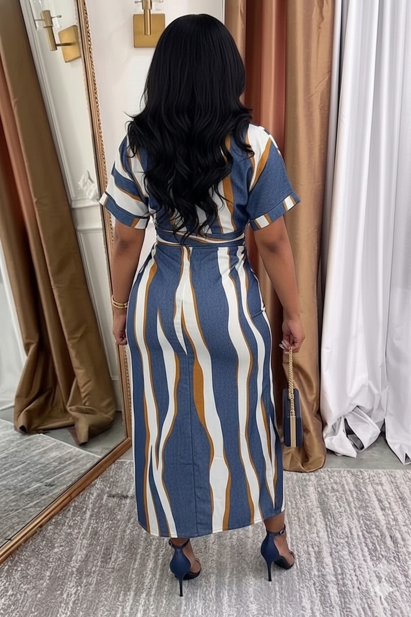 Collar Short Sleeve Ruched Sash Casual Maxi Dresses-Blue