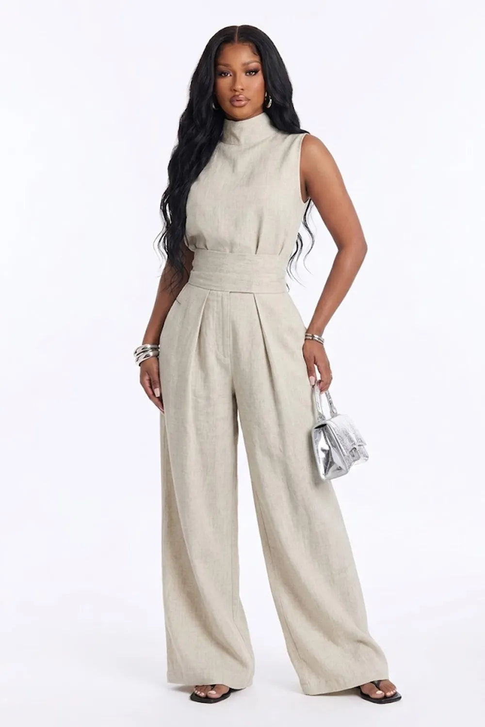 High Neck Sleeveless Top High Wasit Wide Leg Pants Casual 2pcs Set-Green