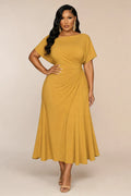 Crew Neck Short Sleeve Cinch Waist Casual Midi Dresses-Yellow