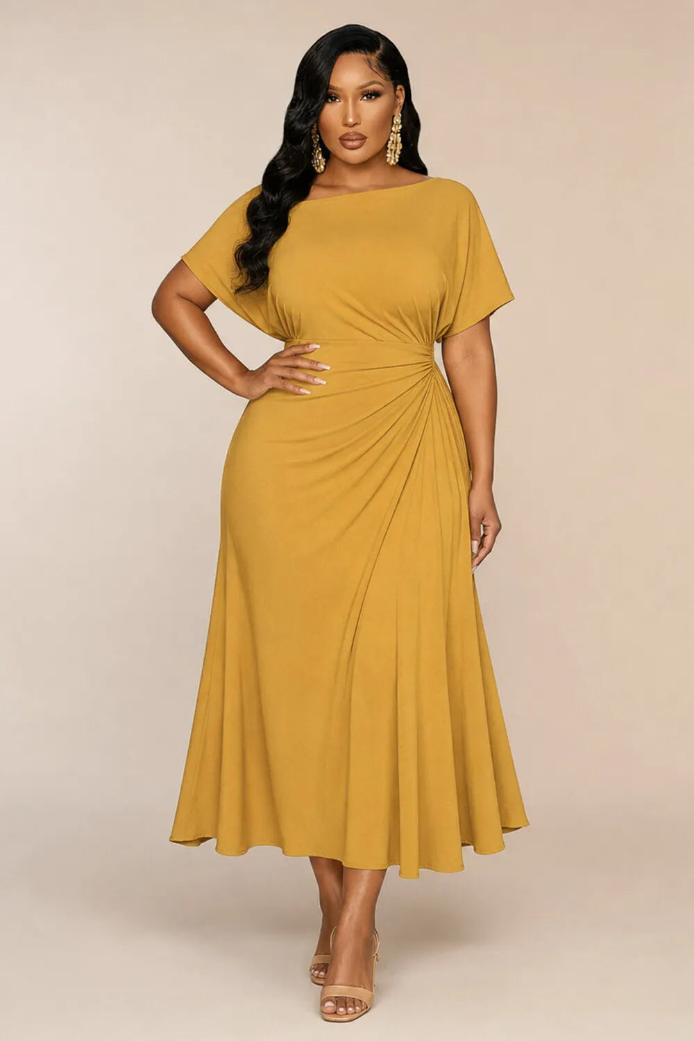 Crew Neck Short Sleeve Cinch Waist Casual Midi Dresses-Yellow