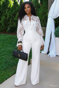 Round Neck Hollow Top Straight Leg Pants Casual 2pcs Set-White