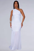 One Shoulder Sleeveless Ruched Solid Color Mesh Gowns Maxi Dresses-White