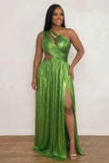 Skew Neck One Shoulder Cut Out Slit Metallic Evening Gowns Maxi Dresses-Green