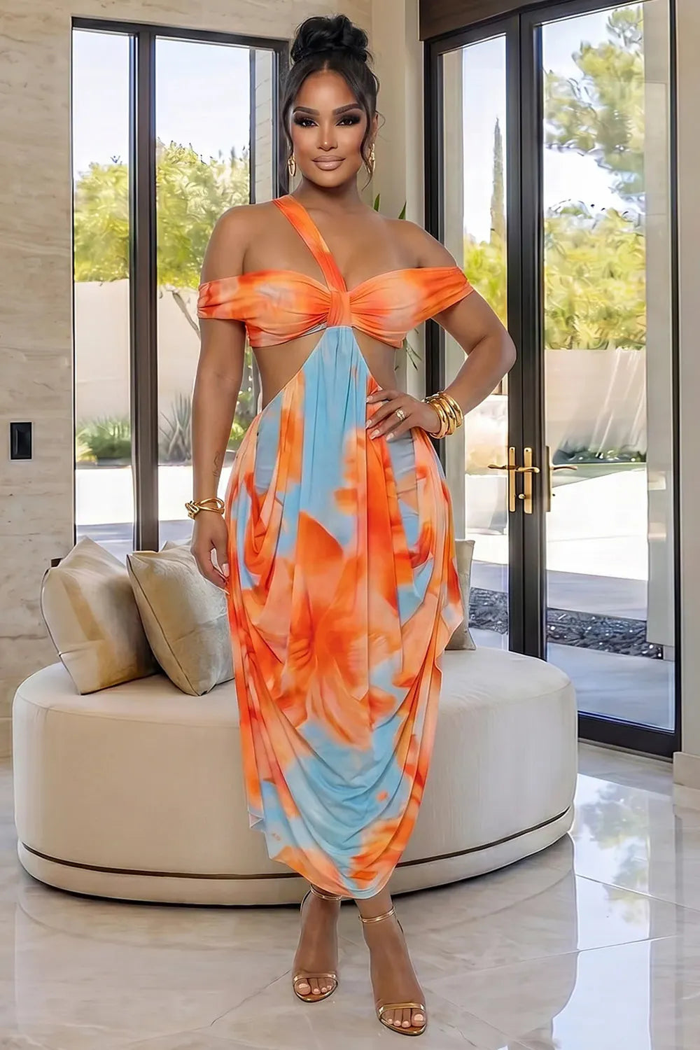 All Over Print Off Shoulder Waist Cut Out Irregular Hem Maxi Dresses-Orange
