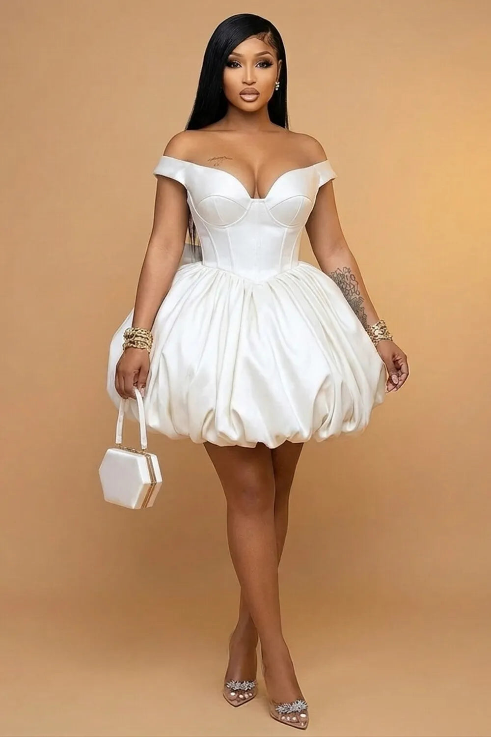 Off Shoulder Cinch Waist Ruched Bubble Gowns Mini Dresses-White