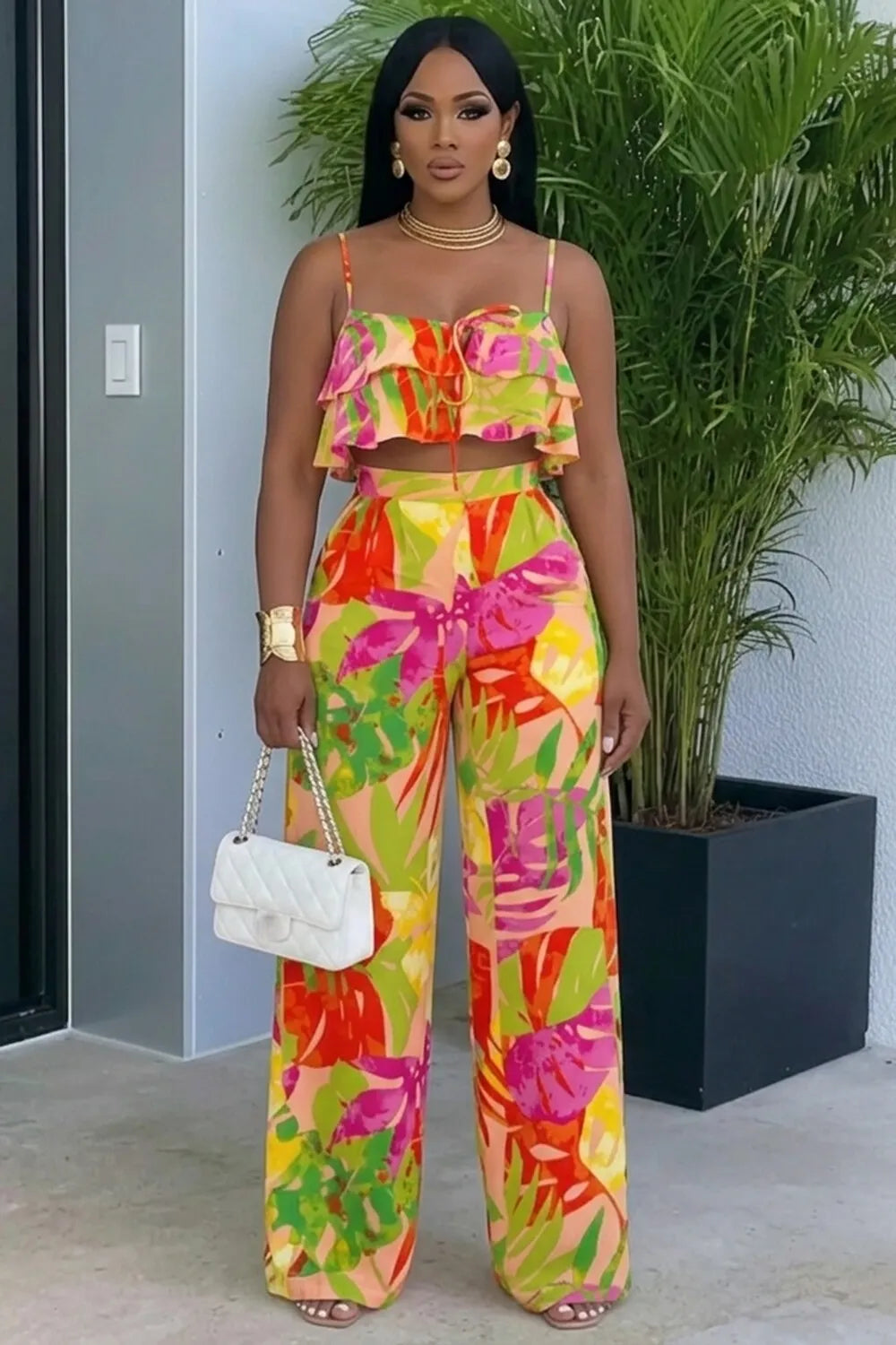 Cami Neck Ruffle Top Wide Leg Pants Vacation 2pcs Set