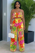 Cami Neck Ruffle Top Wide Leg Pants Vacation 2pcs Set-Multicolor