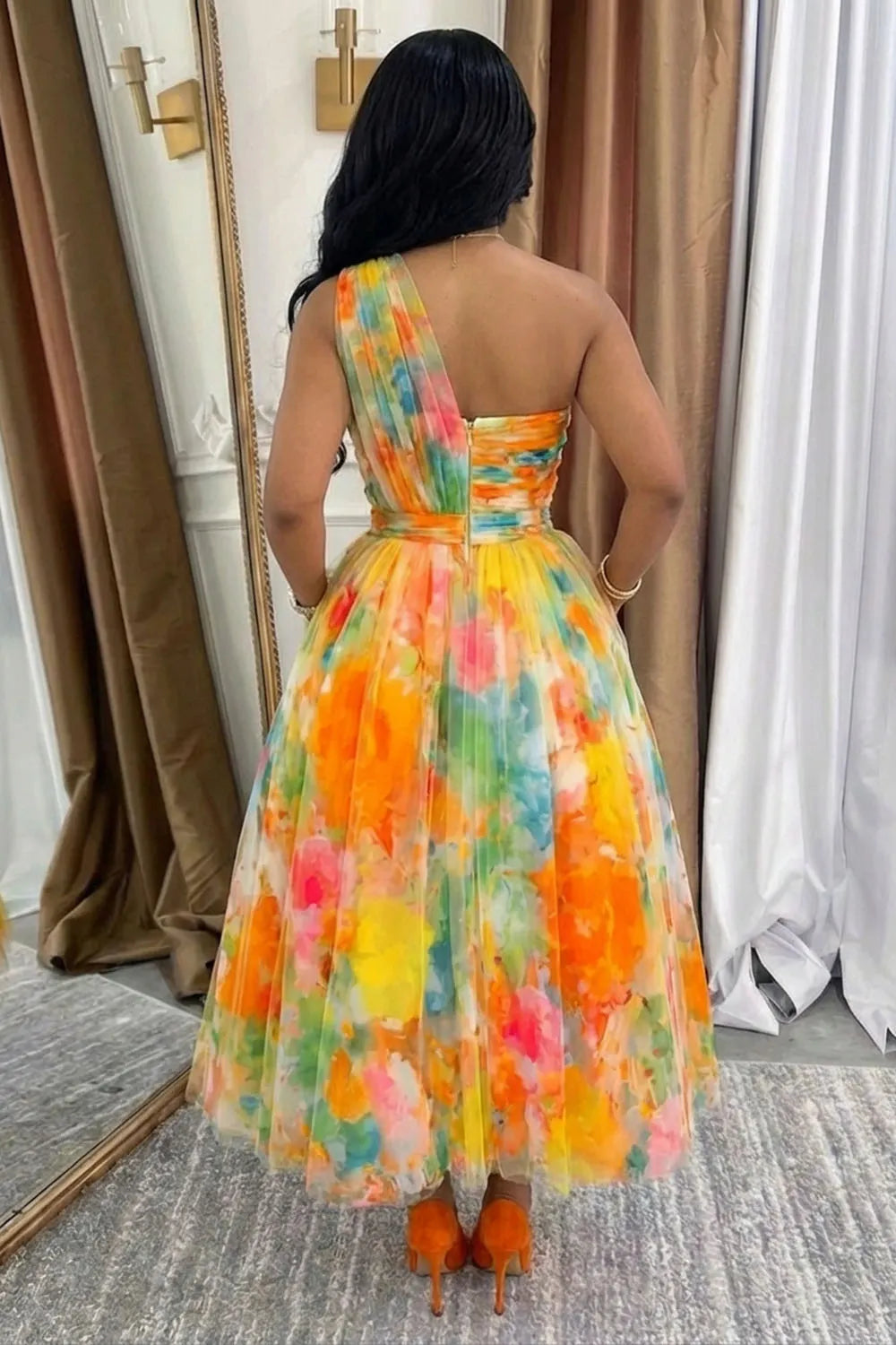 One Shoulder Floral Print Mesh Vacation Maxi Dresses