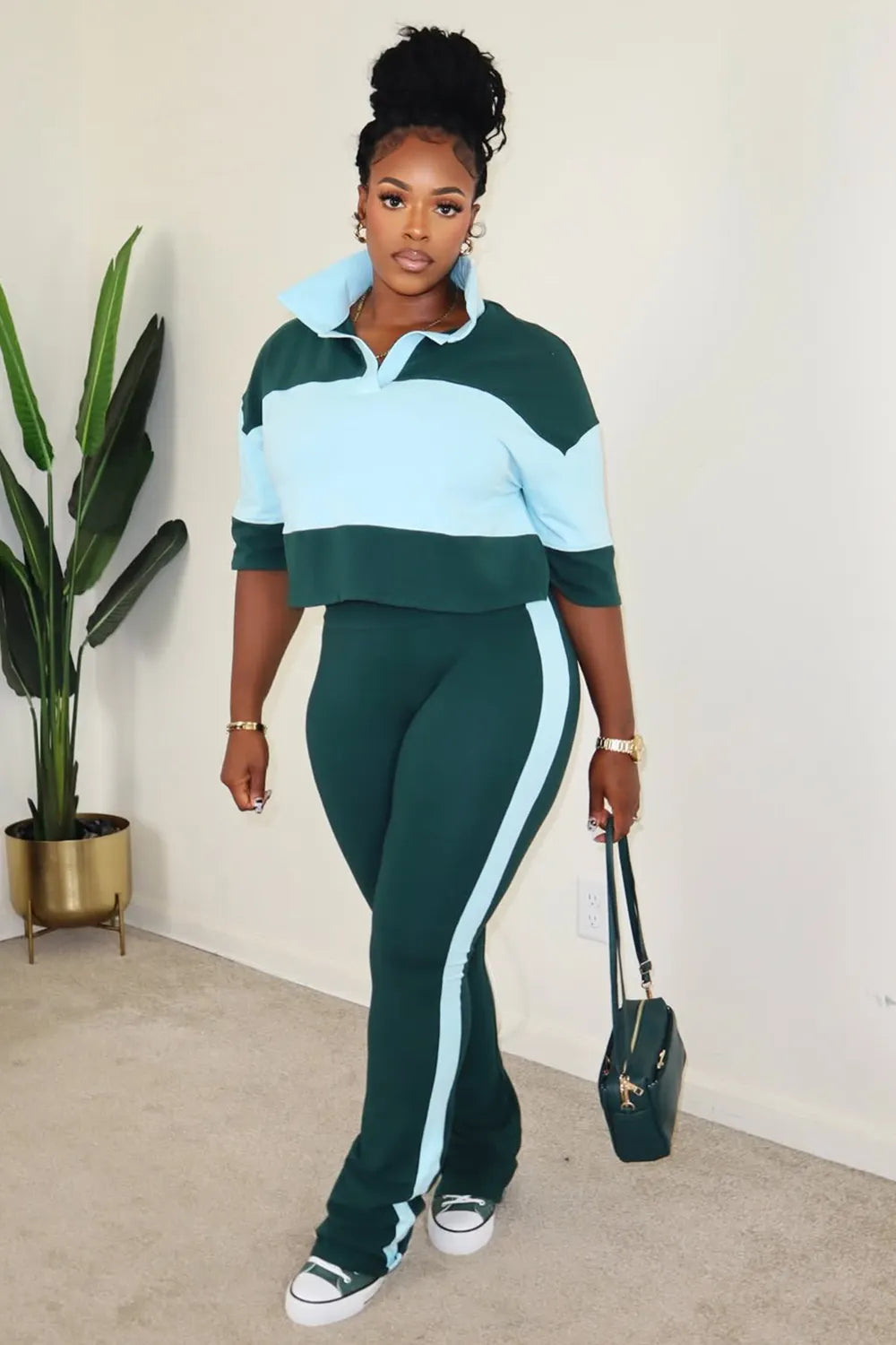 Colorblock Half Sleeve Top Slim Pants Casual 2pcs Set-Green [Pre Order]