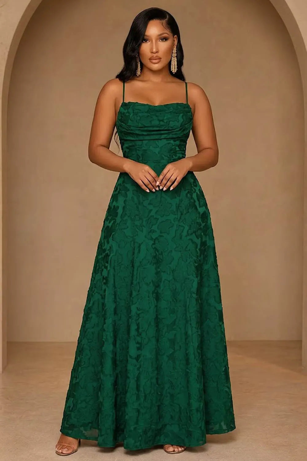 Spaghetti Strap Floral Lace Cinch Waist Backless Lace-Up Maxi Dresses-Red