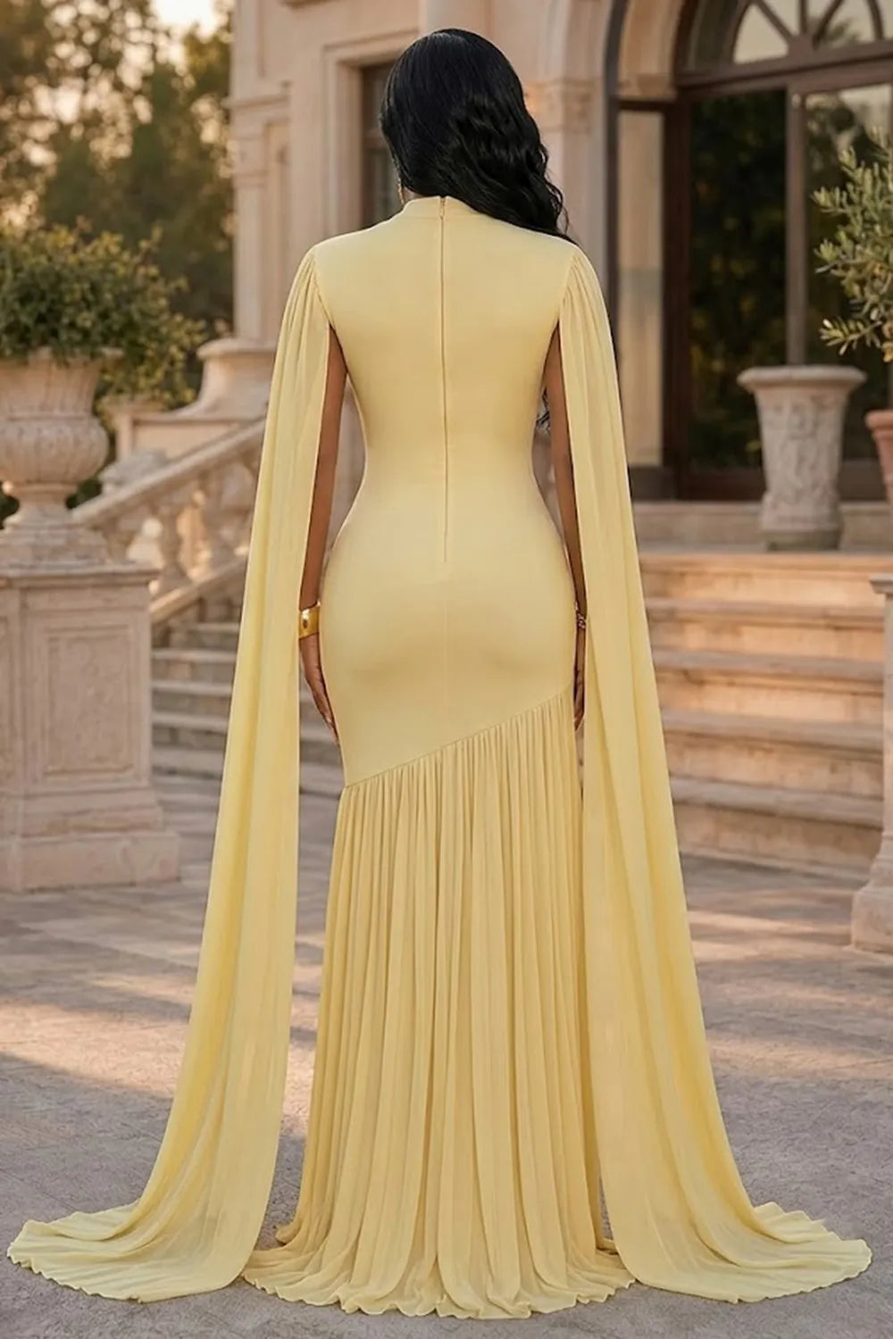 Cape Sleeve Cinch Waist Mesh Patchwork Pleated Gowns Maxi Dresses-Yellow