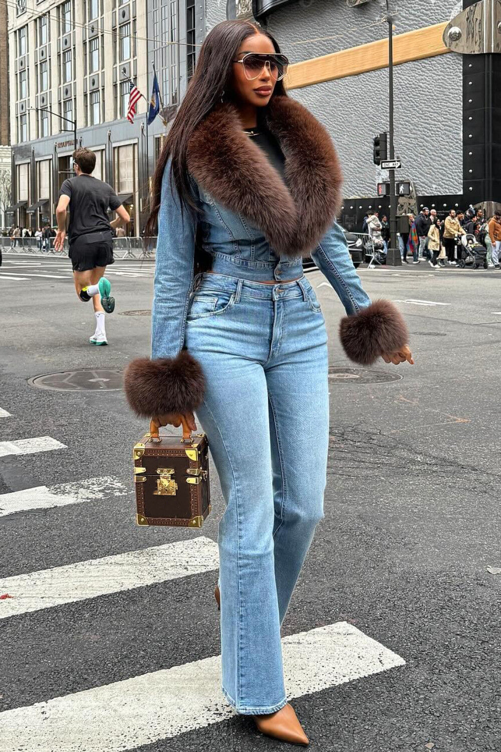 Faux Fur Patchwork Jacket Jeans Casual Denim Matching Set-Blue