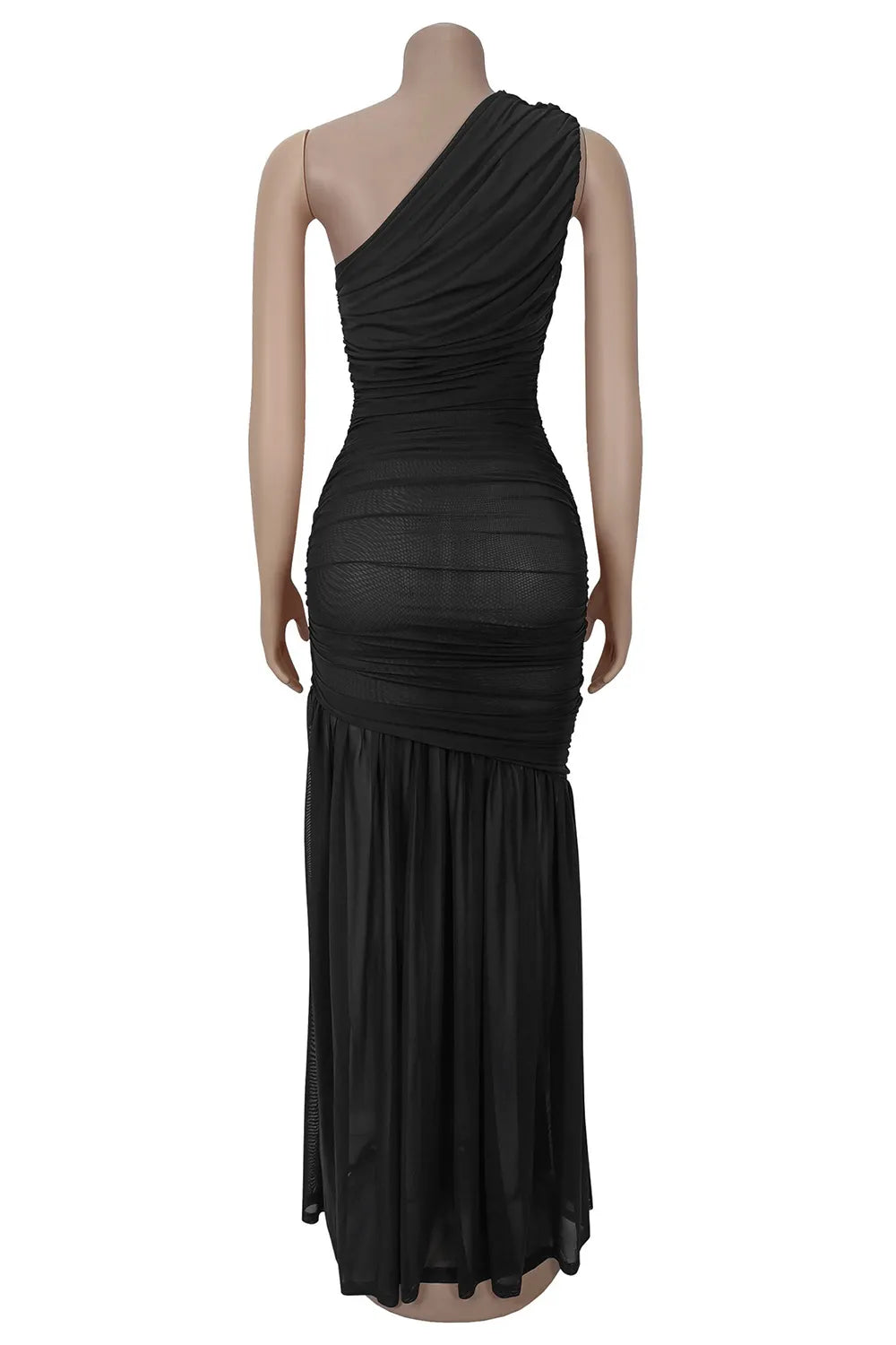 One Shoulder Sleeveless Ruched Solid Color Mesh Gowns Maxi Dresses-White