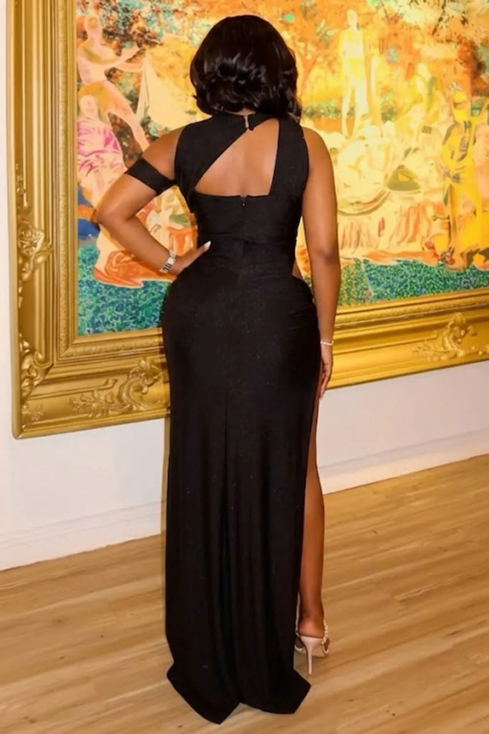 Mock Neck Sleeveless Cutout Ruched Slit Gowns Maxi Dresses-Black