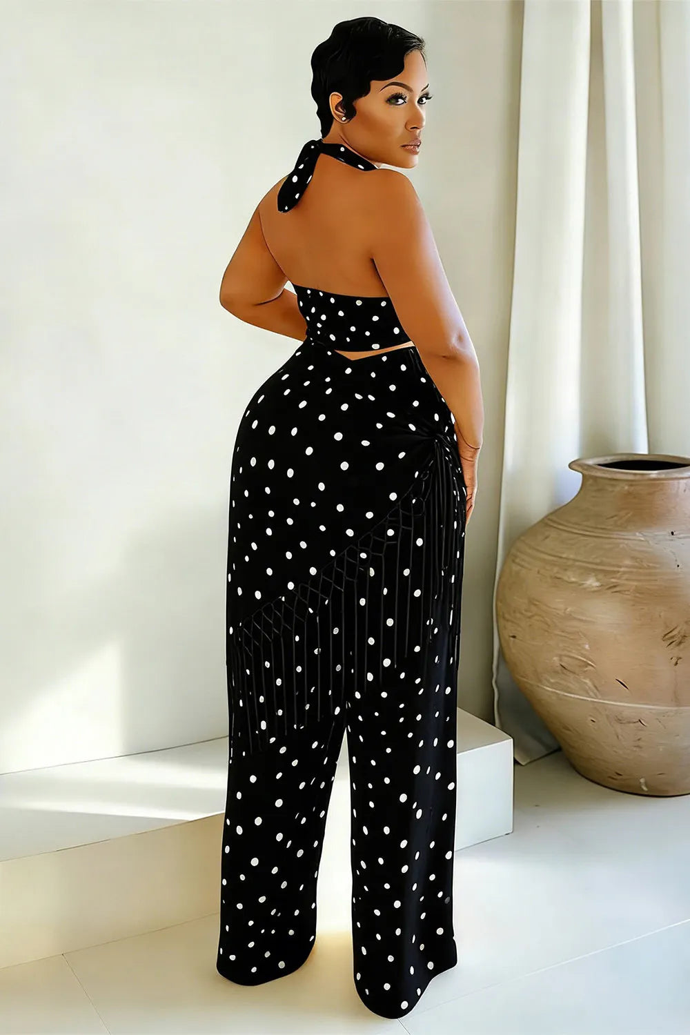 Polka Dot Halter Crop Top Pants Fringe Detachable Mini Skirt 3pcs Set-Yellow