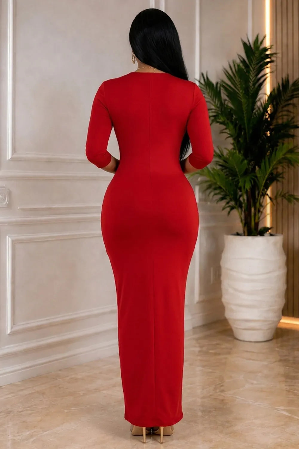Solid Color Half Sleeve Zipper Bodycon Casual Maxi Dresses-Red