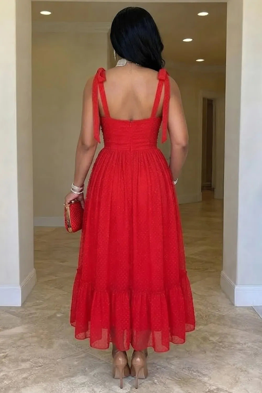 Spaghetti Strap Sweetheart Neck Lace Mesh Party Maxi Dresses-Red