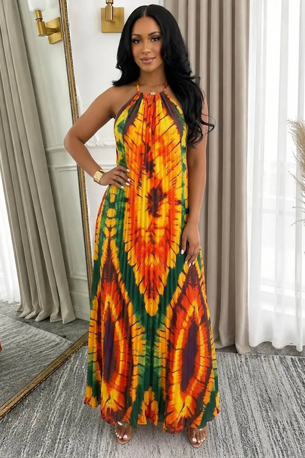 Colorblock Tie-Dye Print Backless Halter Neck Vacation Maxi Dresses-Yellow
