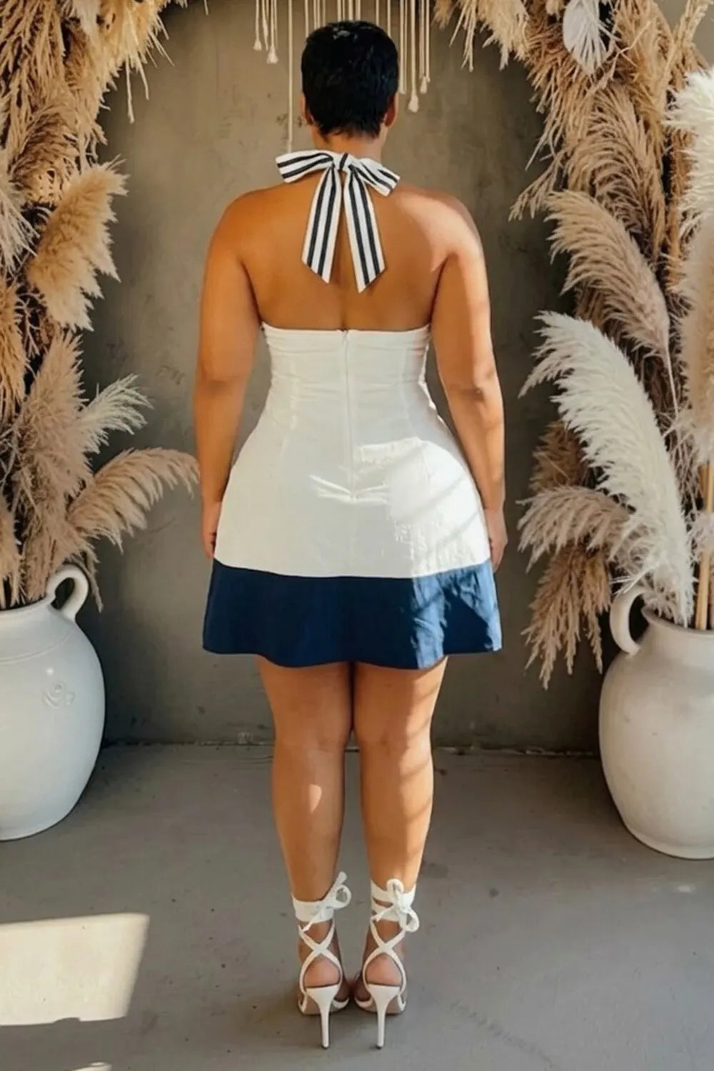 Halter Neck Colorblock A-Line Casual Mini Dresses-White