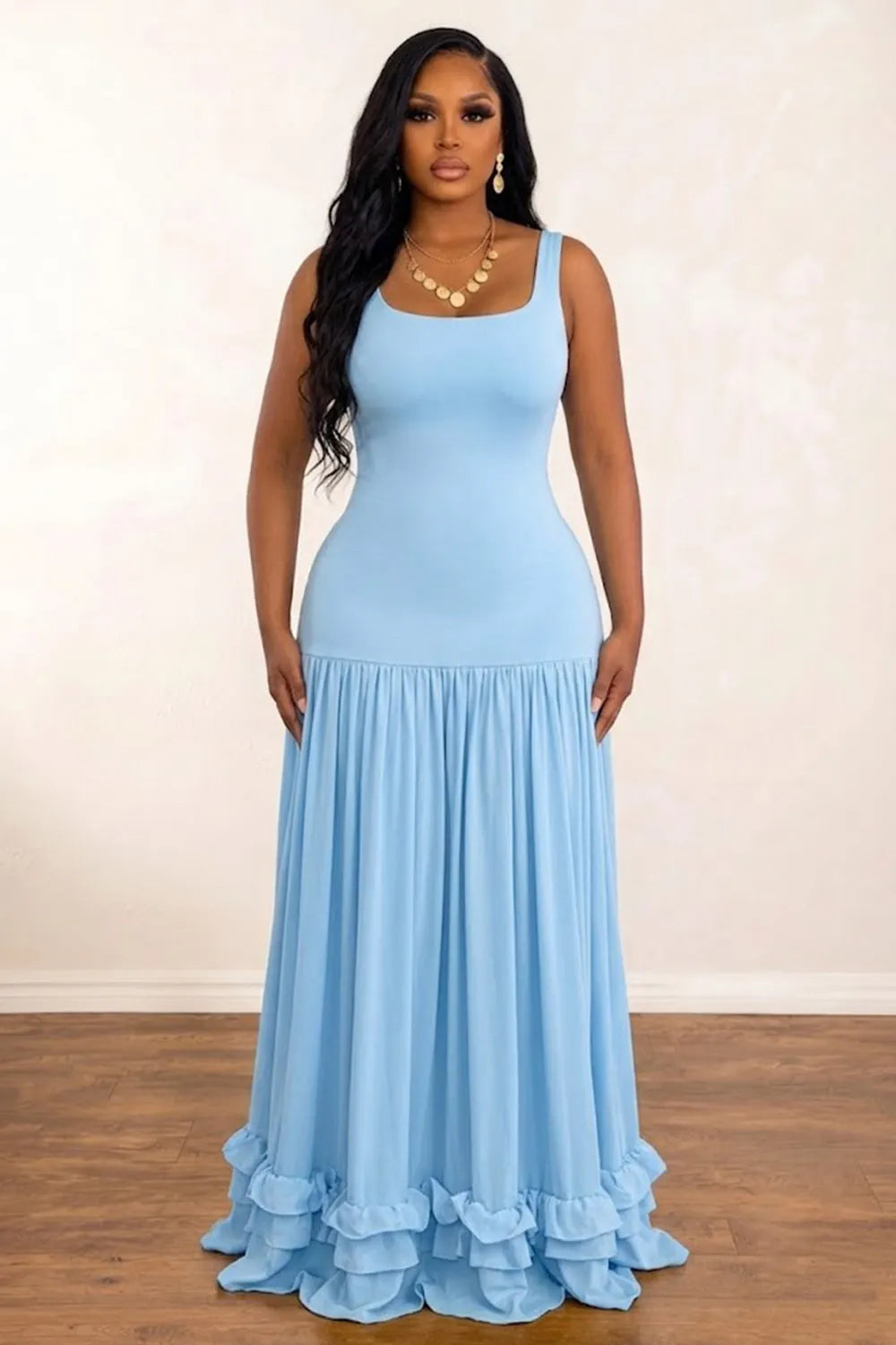 Wide Straps Square Neck Pleated Ruffle Hem Vacation Maxi Dresses-White