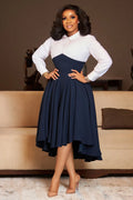 Pearl Decor Shirt Collar Long Sleeve Colorblock Midi Dresses-Navy