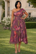 Floral Off Shoulder Cinch Waist Ruffle Hem Midi Dresses-Purple