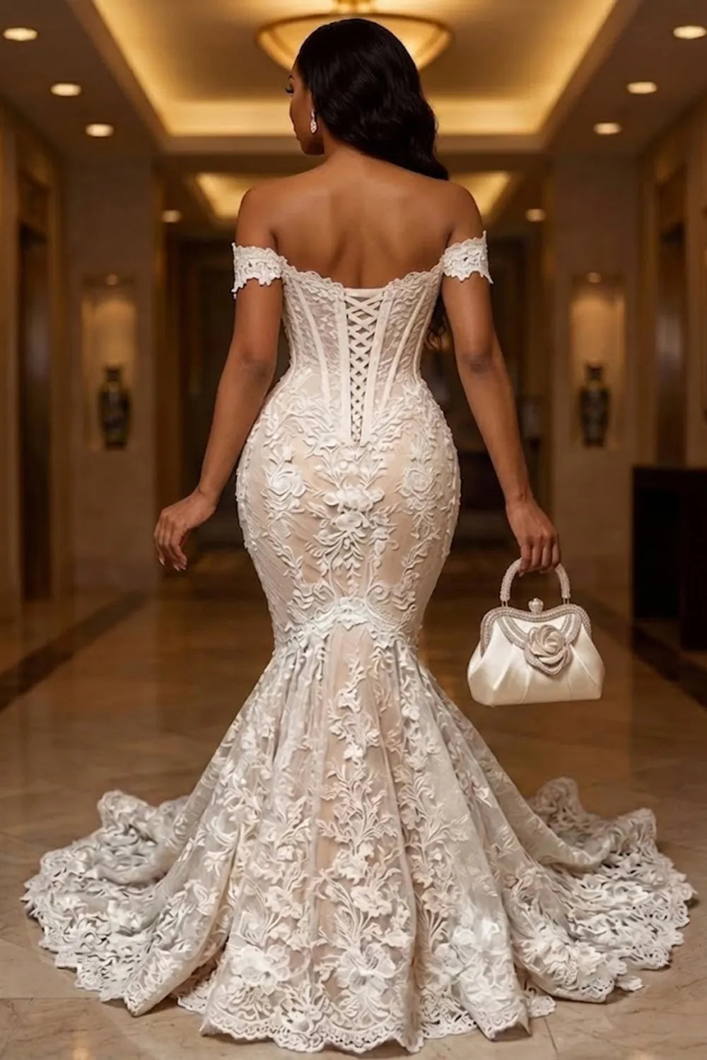 Off Shoulder Floral Lace Corset Mermaid Gowns Maxi Dresses-White