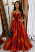 Ombre 3D Floral Strapless Cinch Waist A-Line Maxi Dresses-Orange