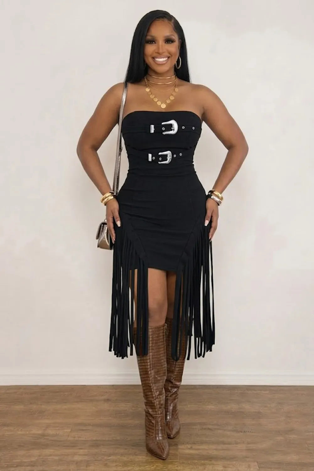 Strapless Metal Buckle Long Fringe Bodycon Suede Casual Mini Dresses-Black