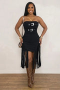 Strapless Metal Buckle Long Fringe Bodycon Suede Casual Mini Dresses-Black