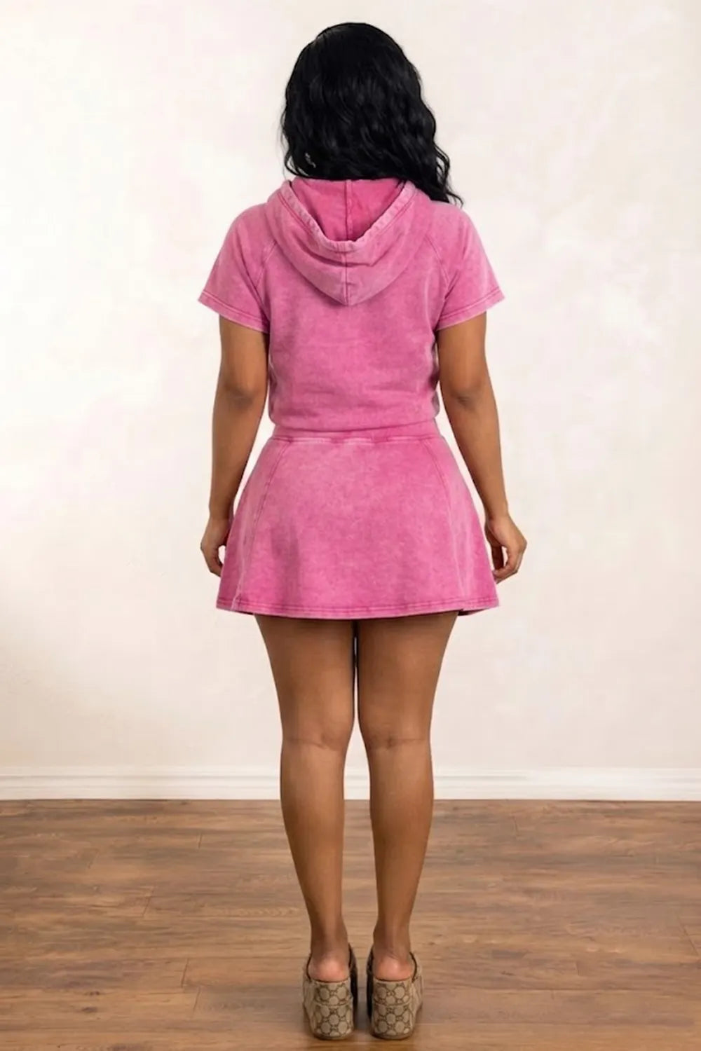 Hooded Short Sleeve Top Elastic Waist Mini Skirt Casual 2pcs Set-Fuchsia