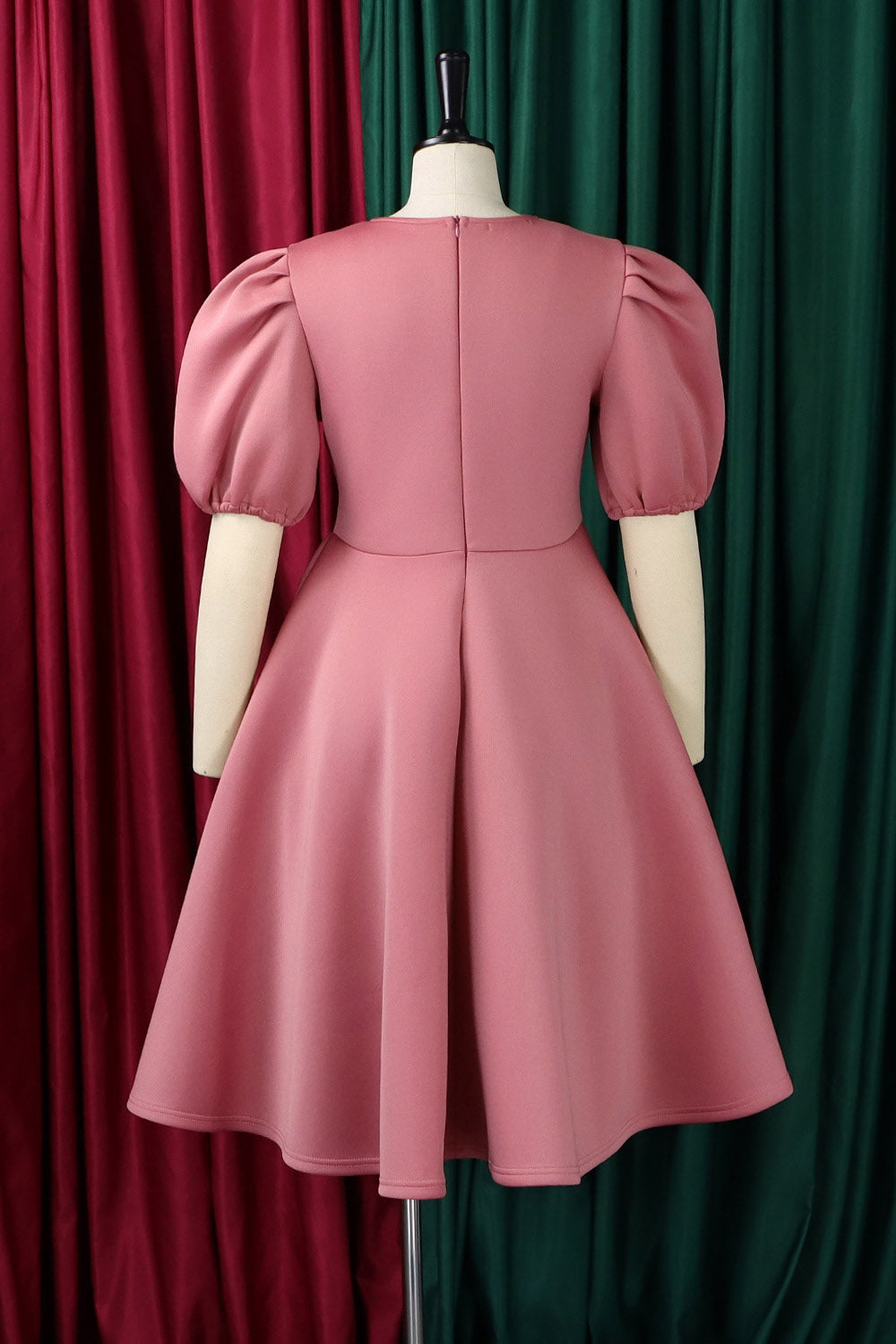 Round Neck Balloon Sleeve Solid Color Cinch Waist Formal Midi Dresses-Pink