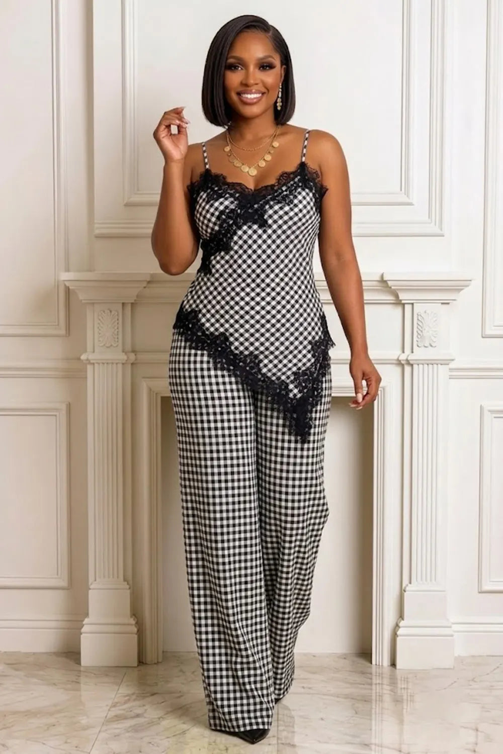 Plaid Print Lace Trim Irregular Hem Cami Top Wide Leg Pants 2pcs Set-Black