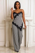 Plaid Print Lace Trim Irregular Hem Cami Top Wide Leg Pants 2pcs Set-Black