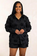 3D Rose Decor  Collar Long Sleeve Shirt Shorts Casual 2pcs Set-Black