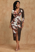 Large Floral Print V Neck Ruched Split Bodycon Midi Dresses-Brown