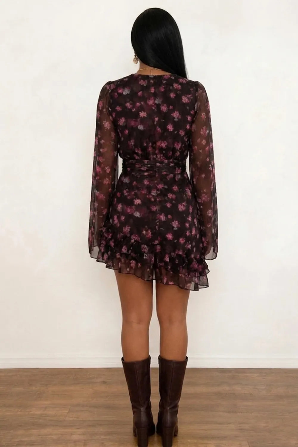 Deep V Neck Floral Print Ruffled Long-Sleeved Chiffon Mini Dresses-Purple