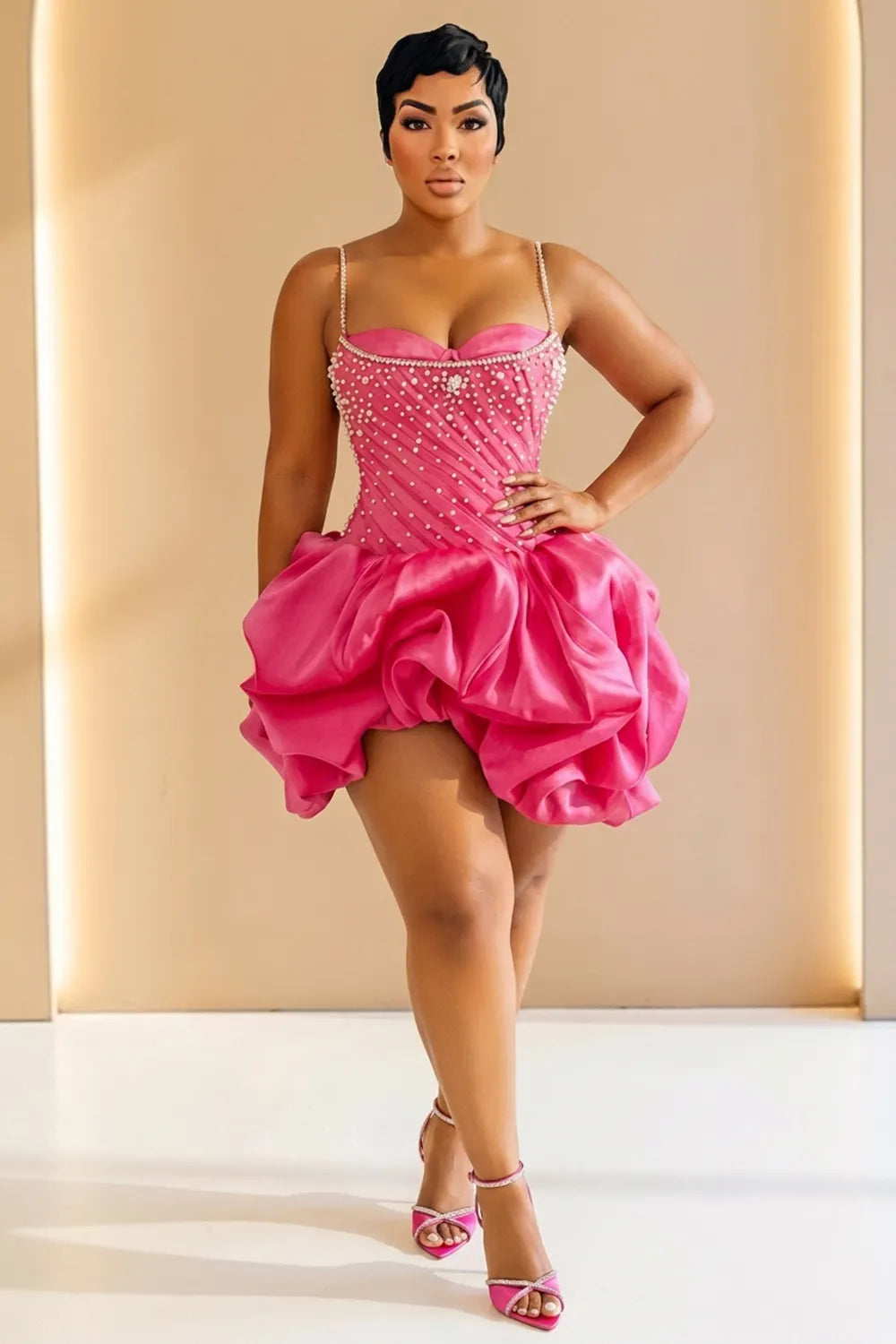Cami Neck Rhinestone Bubble Hem Party Mini Dresses-Fuchsia