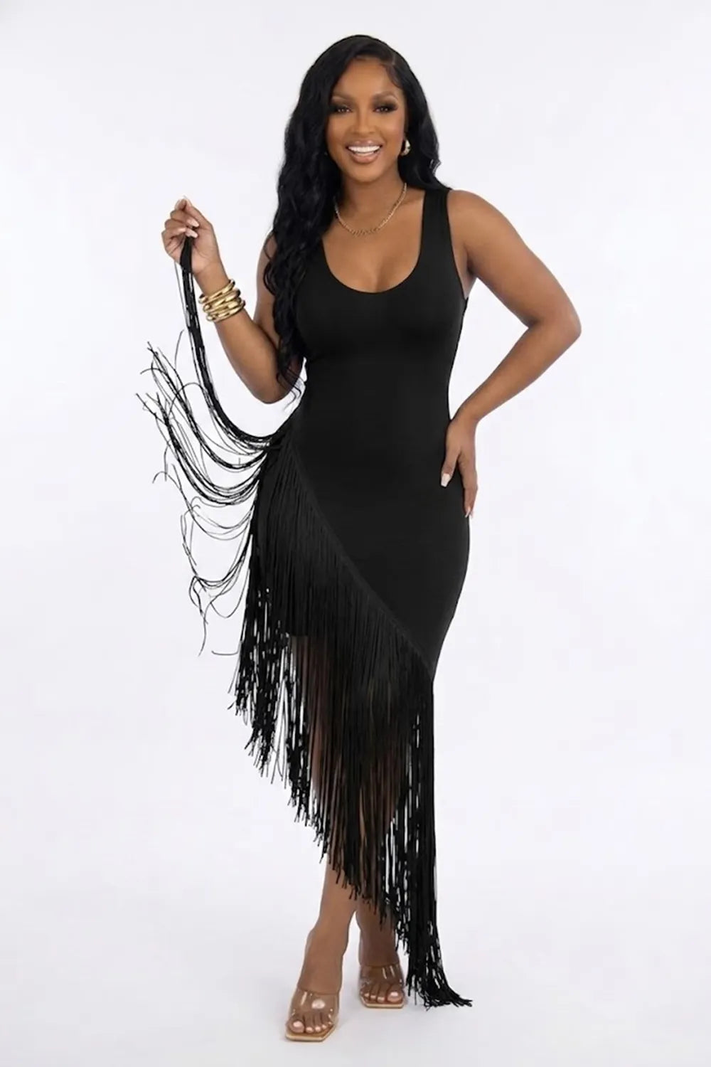 Sleeveless U Neck Fringe Asymmetrical Hem Bodycon Party Maxi Dresses-Black