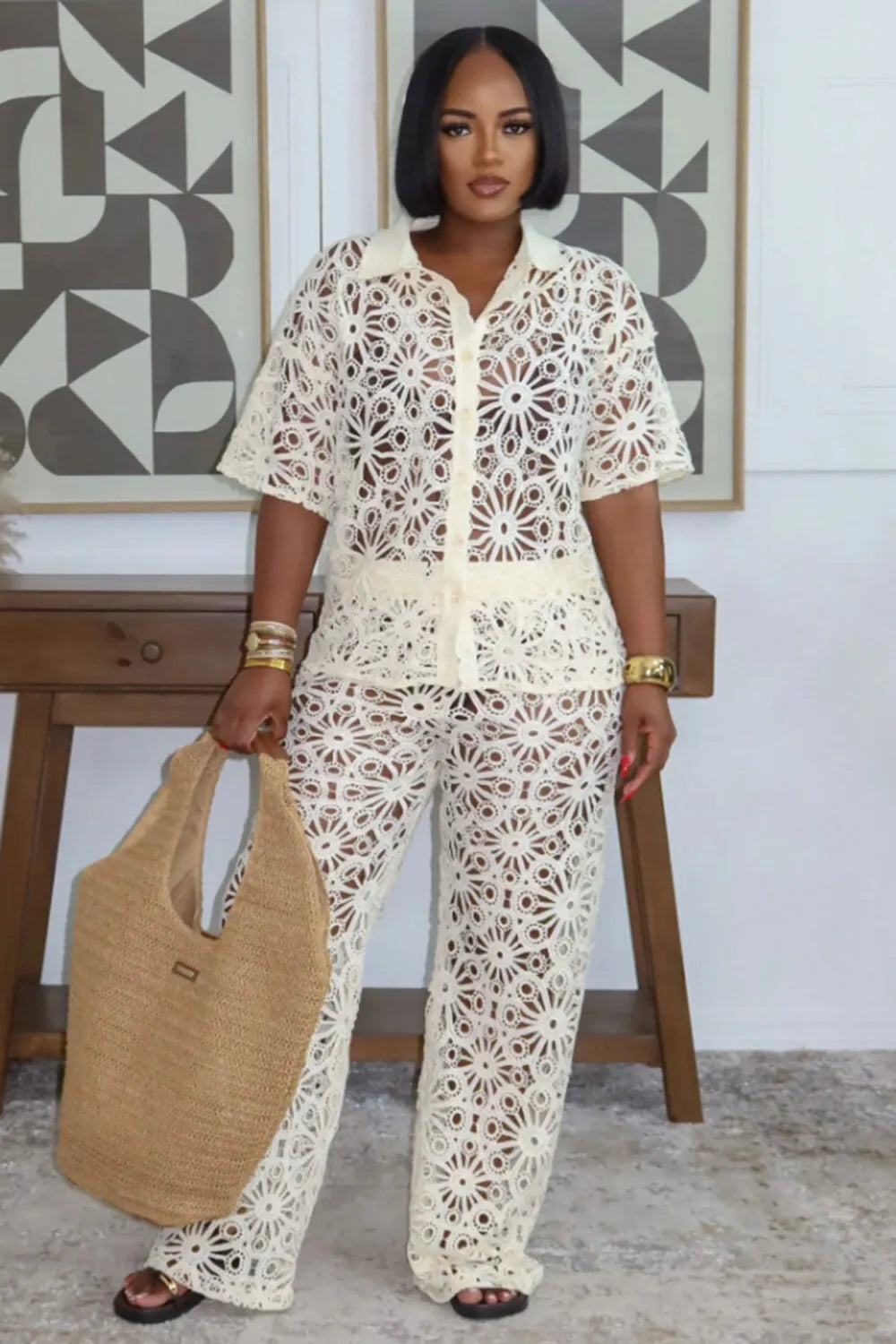 Hollow Out  Collar Top Wide Leg Pants 2pcs Set-White