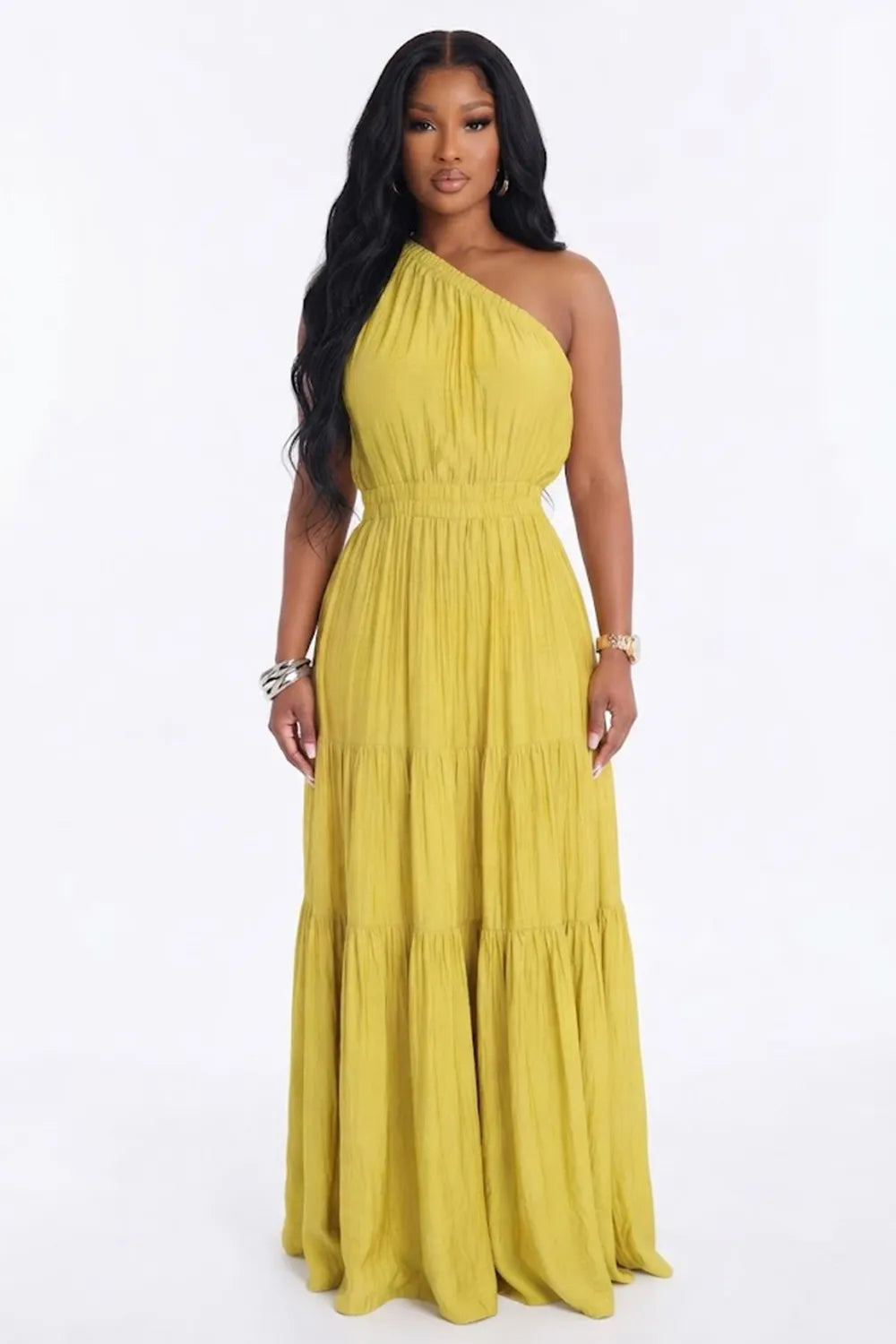 Oblique Collar Solid Color Elastic Waist Tiered Vacation Maxi Dresses-White