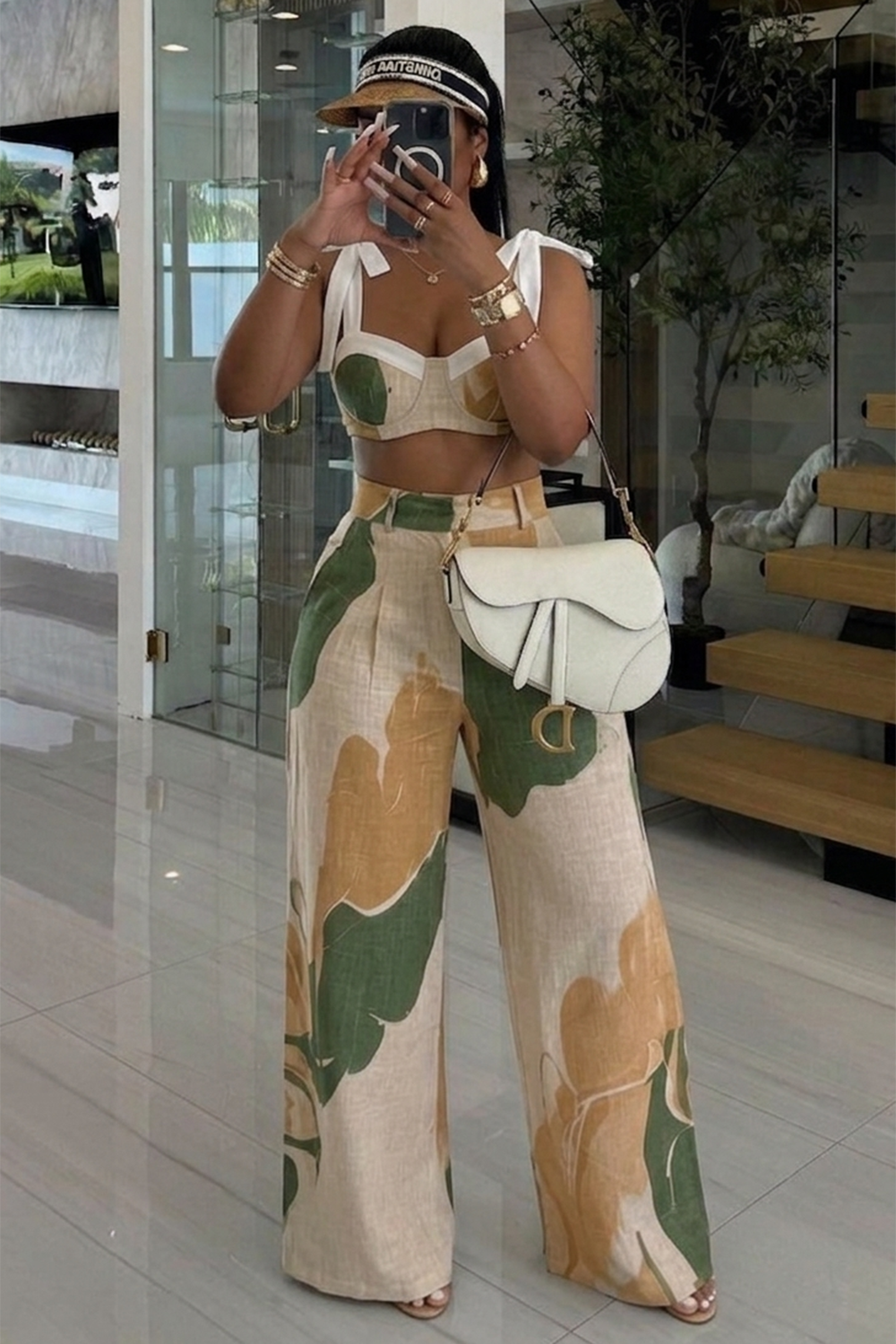Wide Strap Crop Top Wide-Leg Pants Vacation 2pcs Set