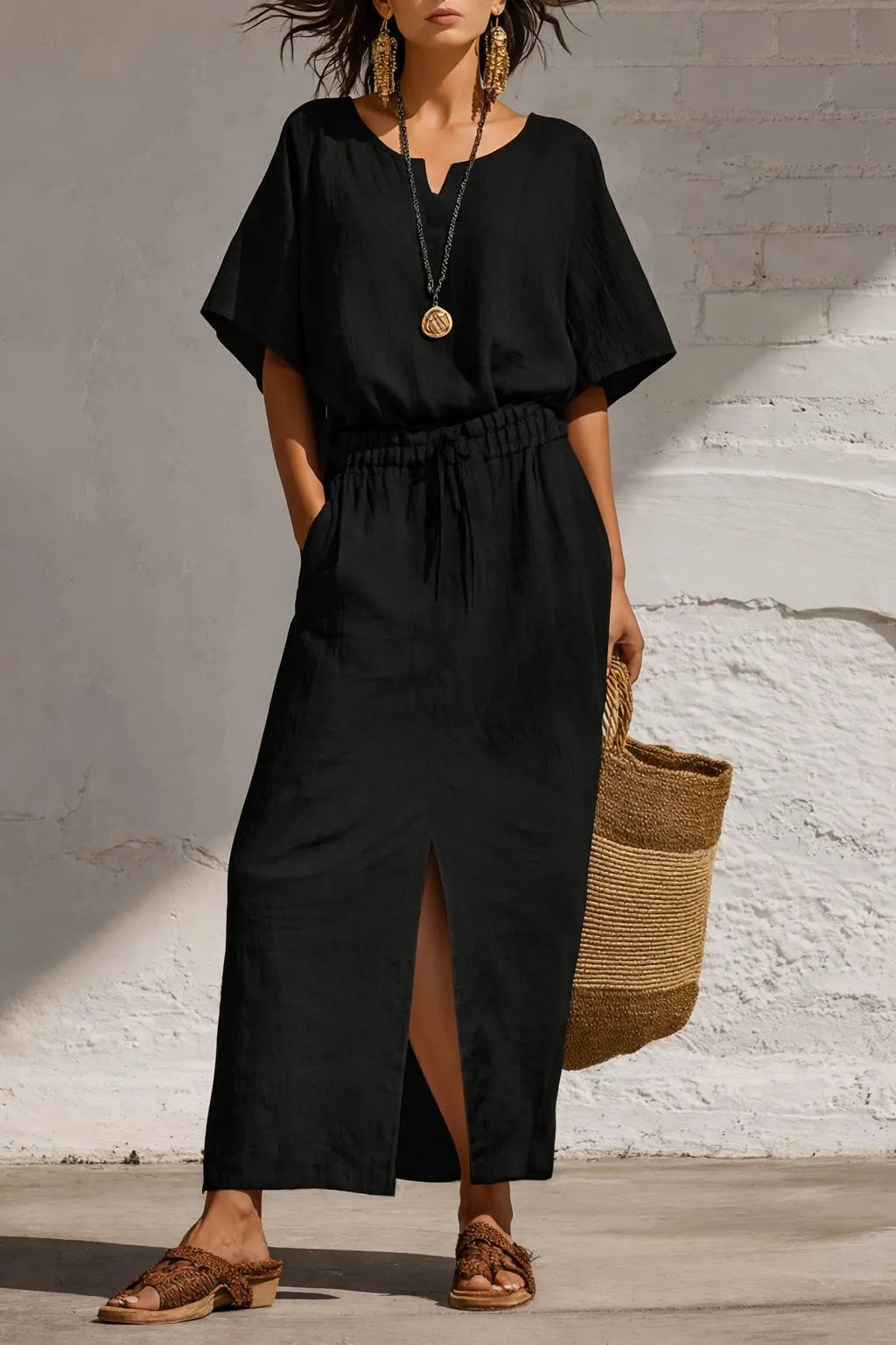 Round Neck Batwing Sleeve Top Drawstring Slit Maxi Skirt 2pcs Set-White