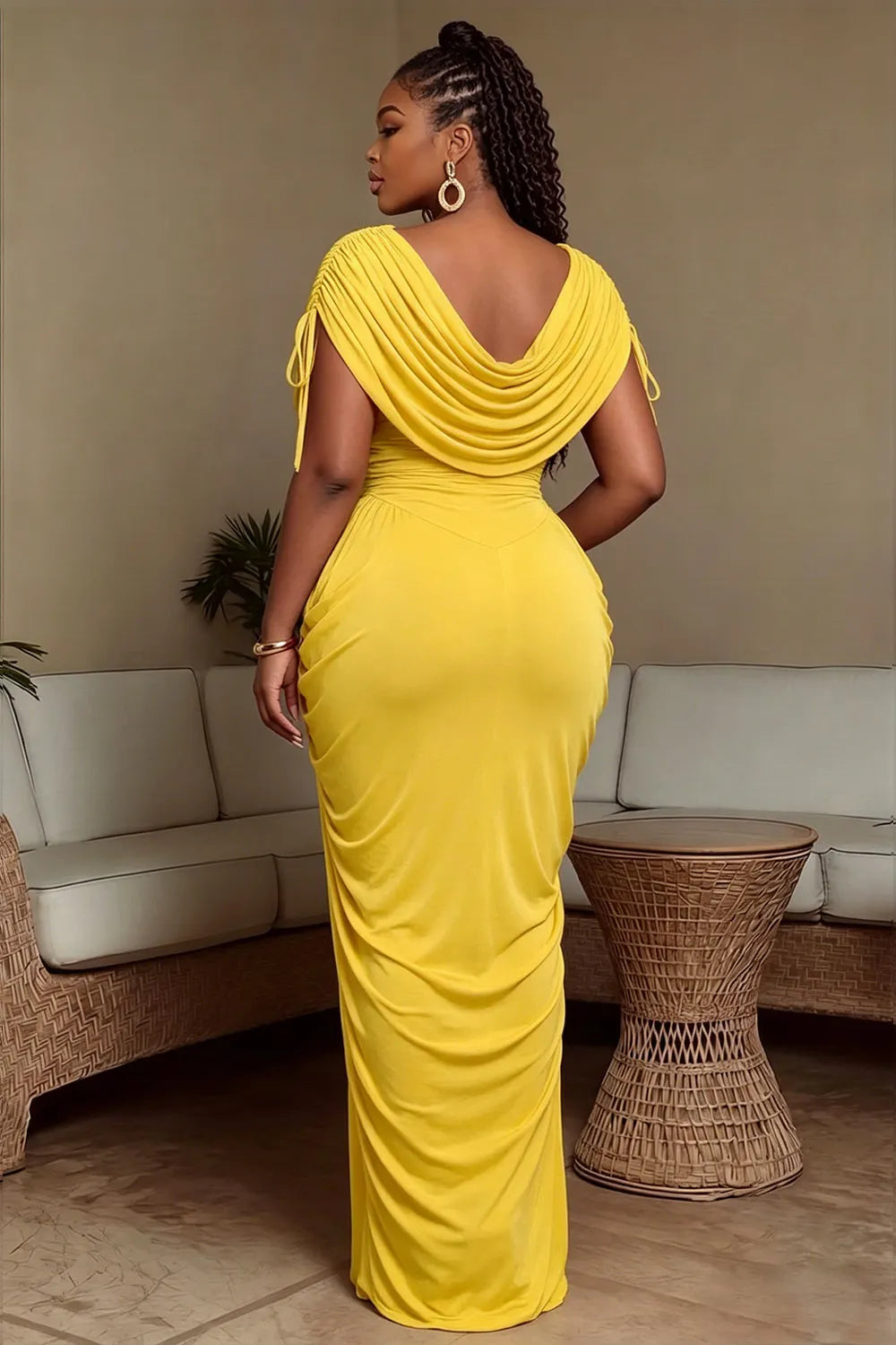 Draped Cowl Neck Side Drawstring Ruched Gowns Maxi Dresses-Yellow