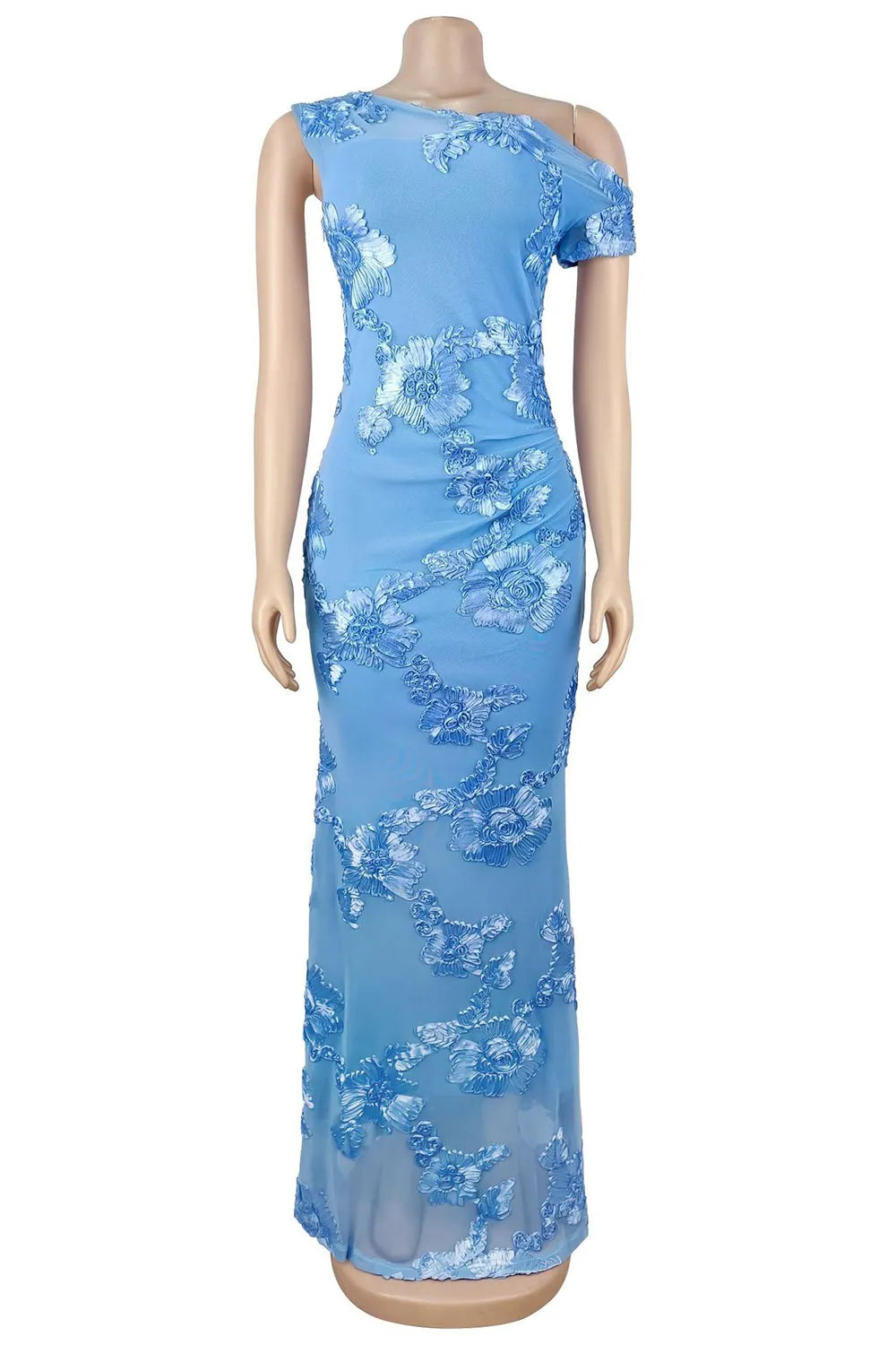 One Shoulder Floral Pattern Mesh Patchwork Slim Fit Gowns Maxi Dresses-Blue