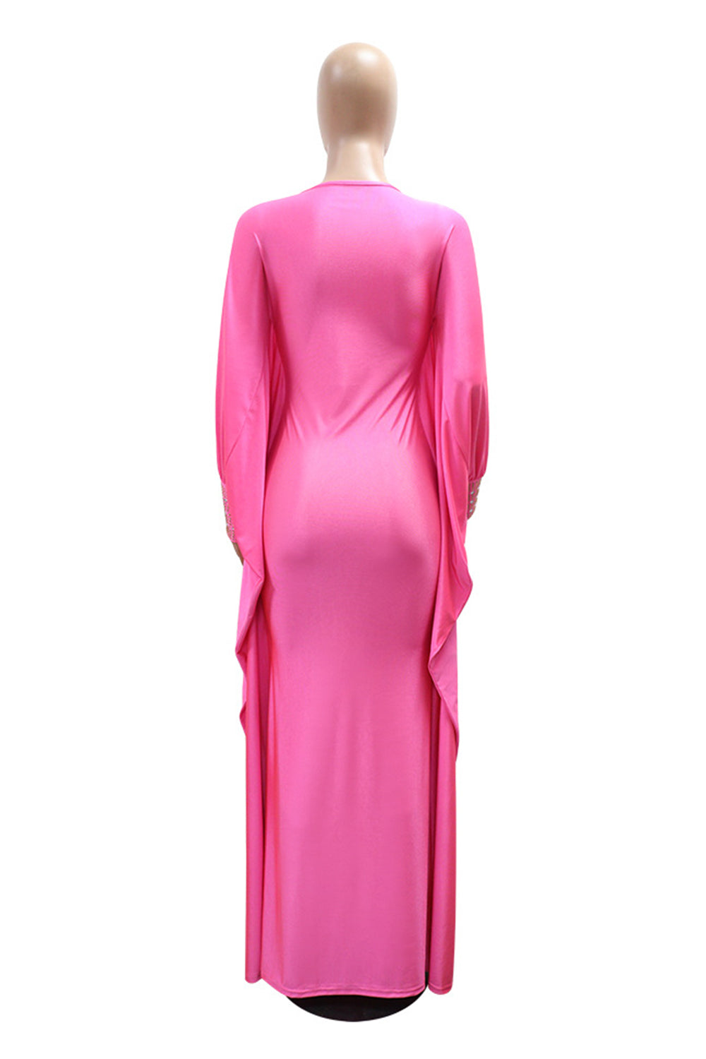 V Neck Batwing Sleeve Crystal Solid Color Slim Gowns Maxi Dresses-Fuchsia