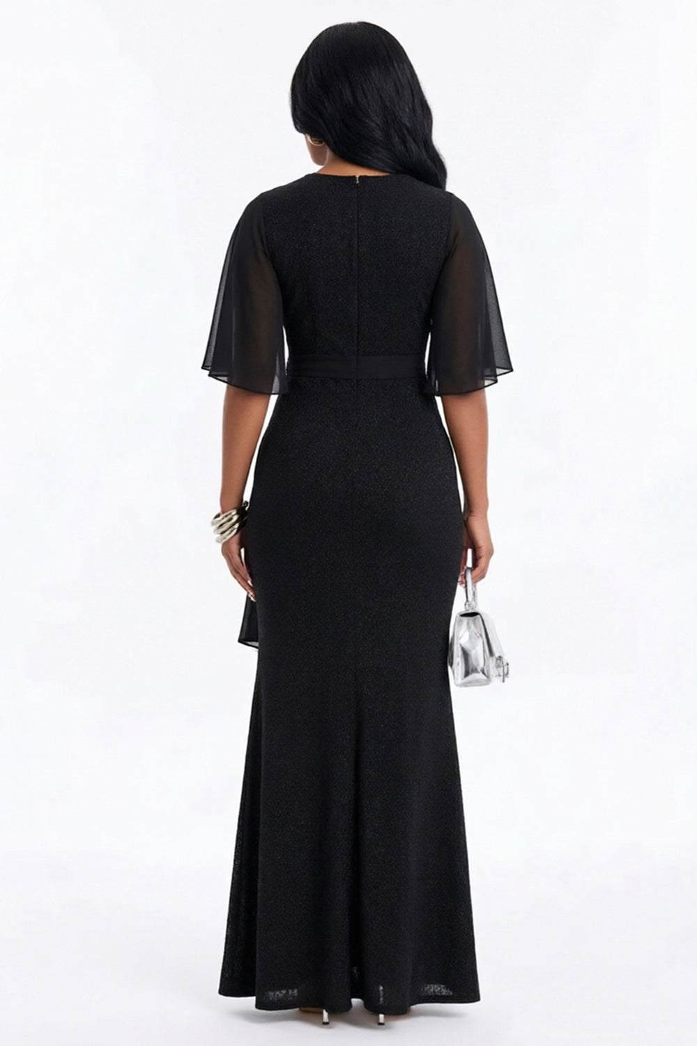 V Neck Half Sleeve Hot Drilling Decor Slit Evening Gowns Maxi Dresses-Black