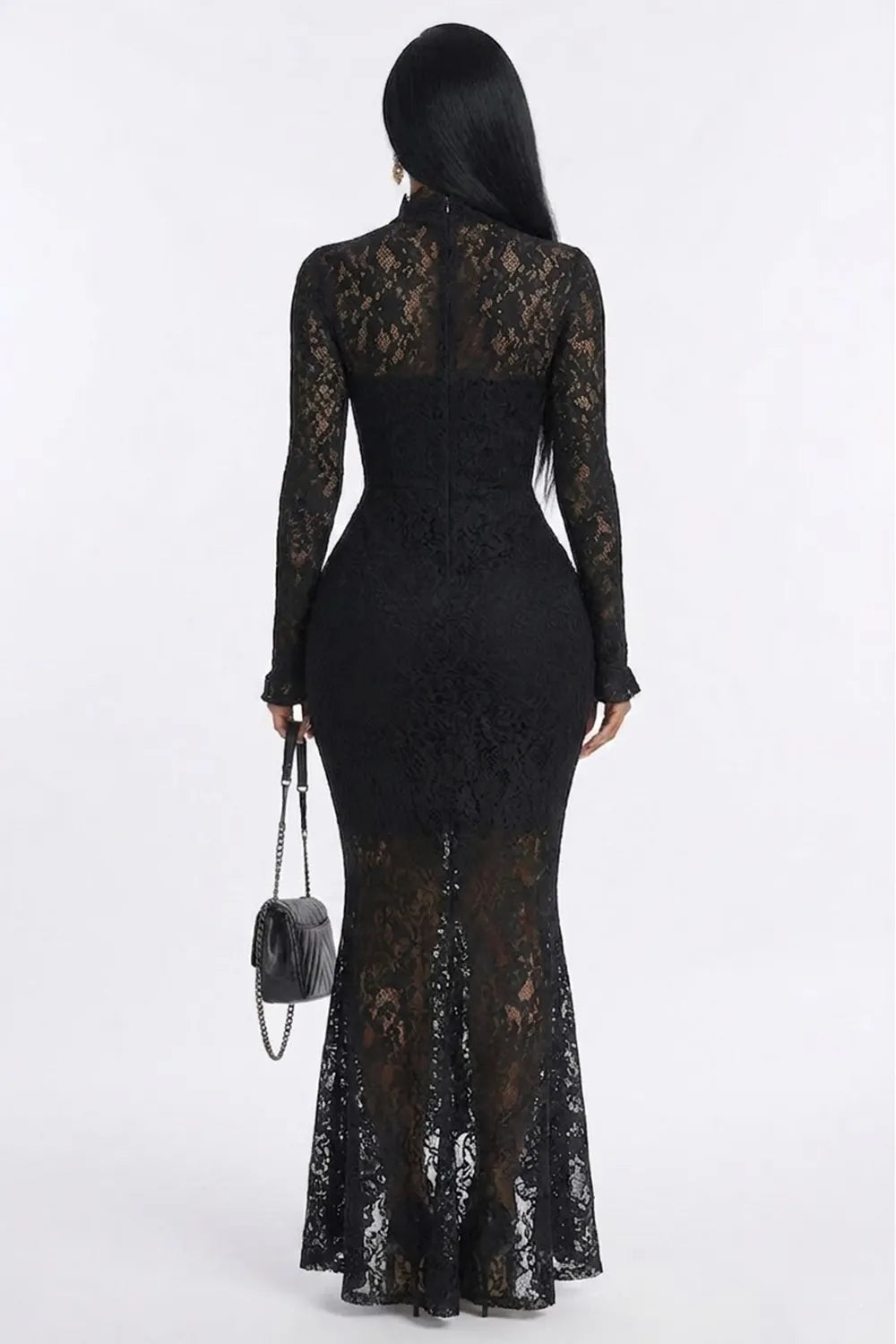 Lace Mock Neck Long Sleeve Slim Fit Mermaid Evening Gowns Maxi Dresses-Black
